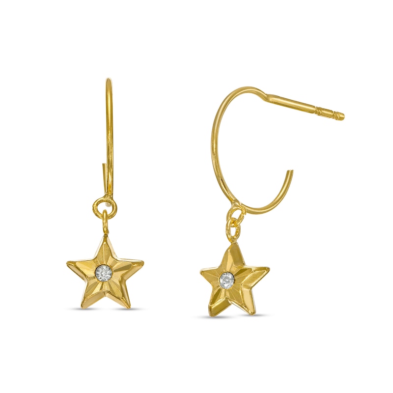 Cubic Zirconia Diamond-Cut Puff Star Dangle J-Hoop Earrings in 10K Gold