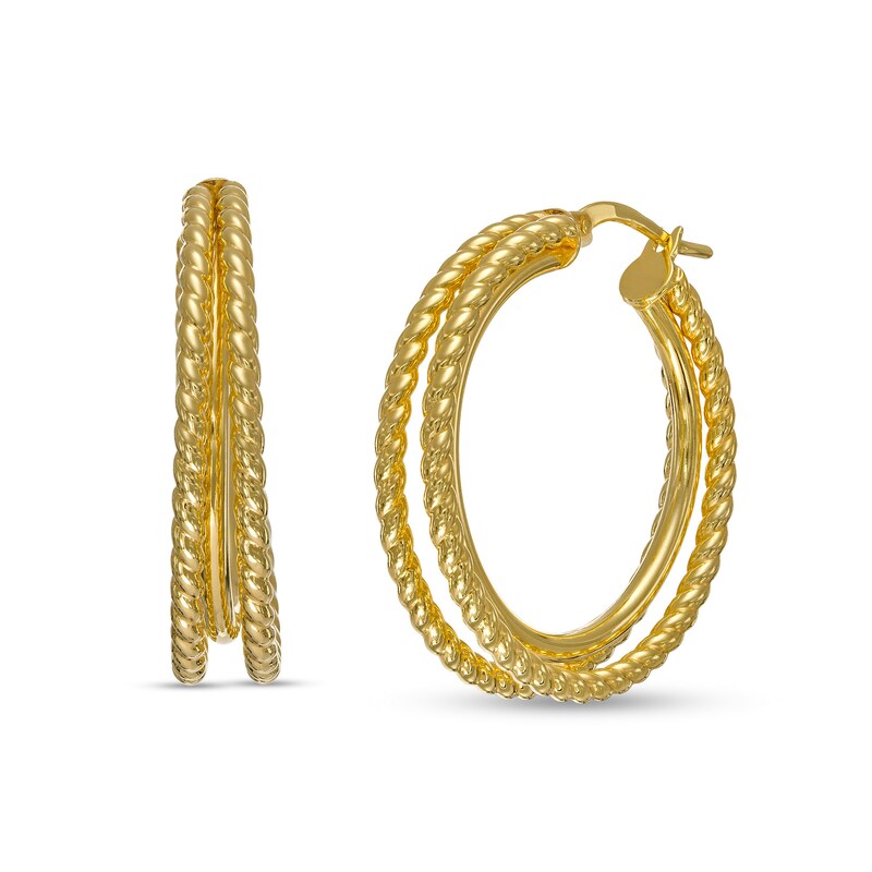 Made in Italy 25 x 8mm Multi-Finish Triple Row Split Solid Tube Hoop Earrings in 10K Gold Bonded Sterling Silver