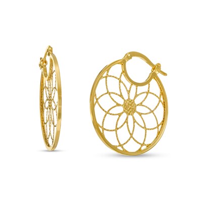 Made in Italy 30mm Diamond-Cut Mandala Flower Lattice Hoop Earrings in 10K Tube Hollow Gold