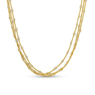 10K Solid Gold CZ Station Mesh Triple Strand Necklace Made in Italy - 18"
