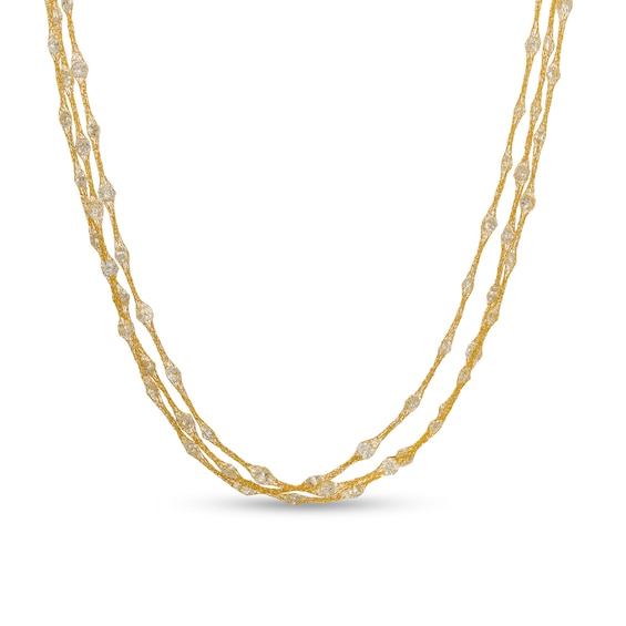 Made in Italy 3mm Briolette Cubic Zirconia Station Mesh Cage Solid Triple Strand Necklace in 10K Gold