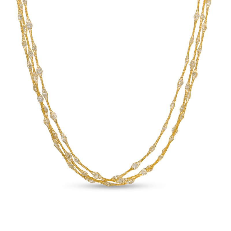 10K Solid Gold CZ Station Mesh Triple Strand Necklace Made in Italy - 18"