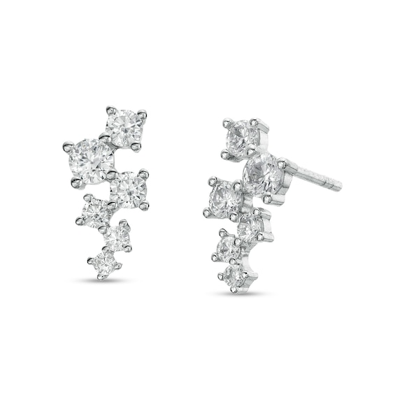 Cubic Zirconia Graduated Six Stone Zig-Zag Scatter Solid Stud Earrings in Sterling Silver
