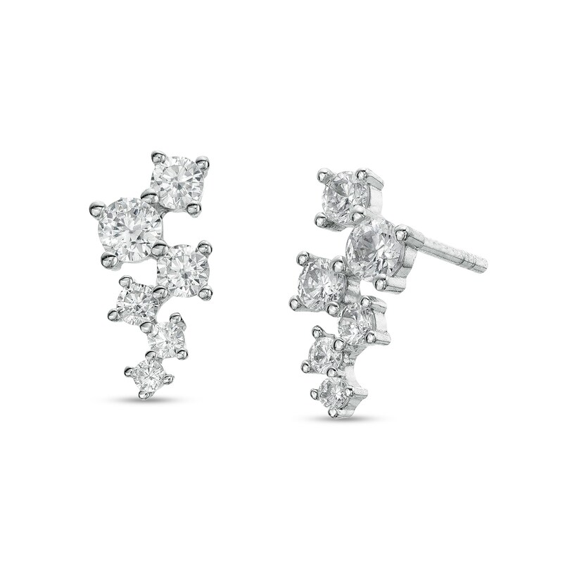 Cubic Zirconia Graduated Six Stone Zig-Zag Scatter Solid Stud Earrings in Sterling Silver