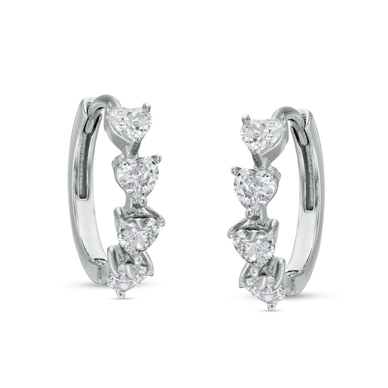 Heart-Shaped Cubic Zirconia Huggie Hoop Earrings in Solid Sterling Silver