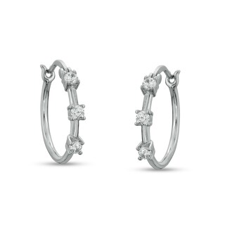 Cubic Zirconia Three Stone Solid Hoop Earrings in Sterling Silver