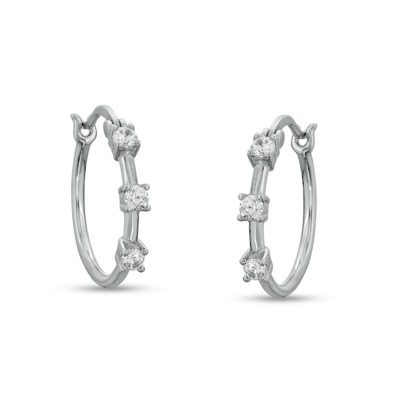 Cubic Zirconia Three Stone Solid Hoop Earrings in Sterling Silver