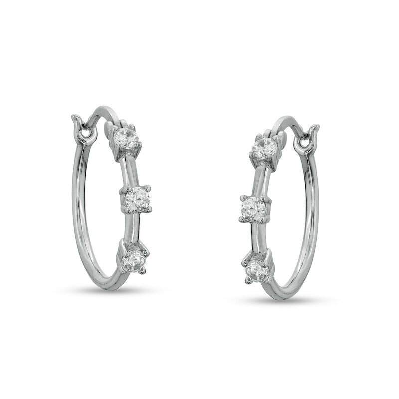 Cubic Zirconia Three Stone Solid Hoop Earrings in Sterling Silver