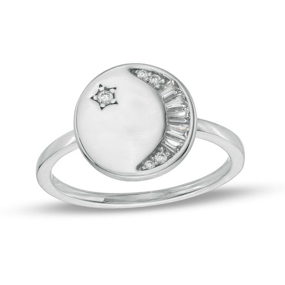 Baguette and Round Cubic Zirconia Crescent Moon and Star Disc Ring in Sterling Silver - Size 6