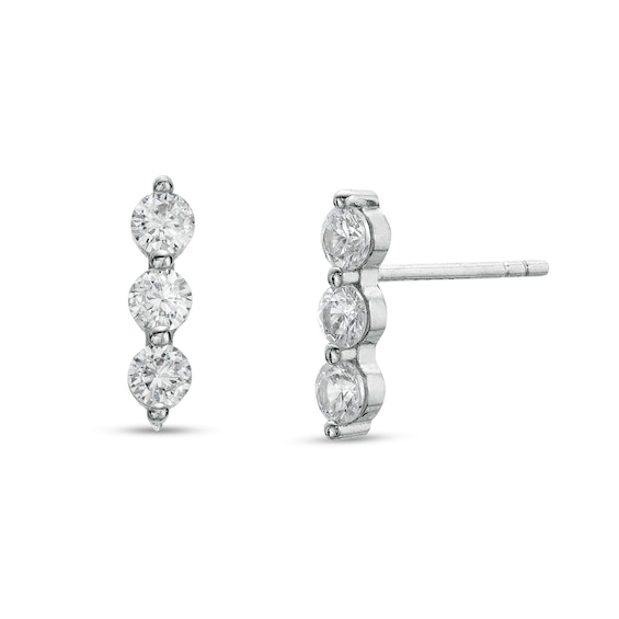 3mm Cubic Zirconia Three Stone Linear Solid Stud Earrings in Sterling Silver