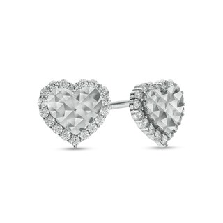 Cubic Zirconia Frame Diamond-Cut Heart Stud Earrings in Sterling Silver