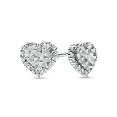 Cubic Zirconia Frame Diamond-Cut Heart Stud Earrings in Sterling Silver