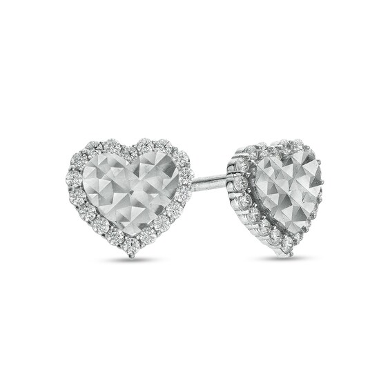 Cubic Zirconia Frame Diamond-Cut Heart Stud Earrings in Sterling Silver