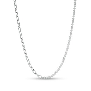Sterling Silver CZ Tennis and Oval Link Chain Half-and-Half Necklace - 18"