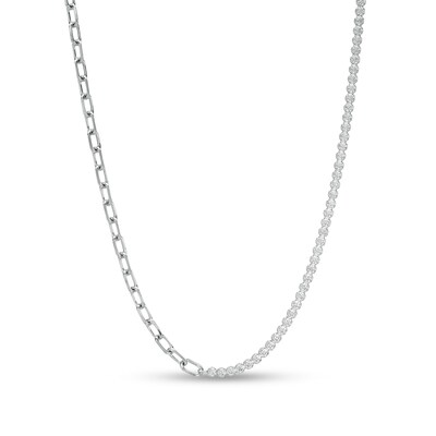 Sterling Silver CZ Tennis and Oval Link Chain Half-and-Half Necklace - 18"