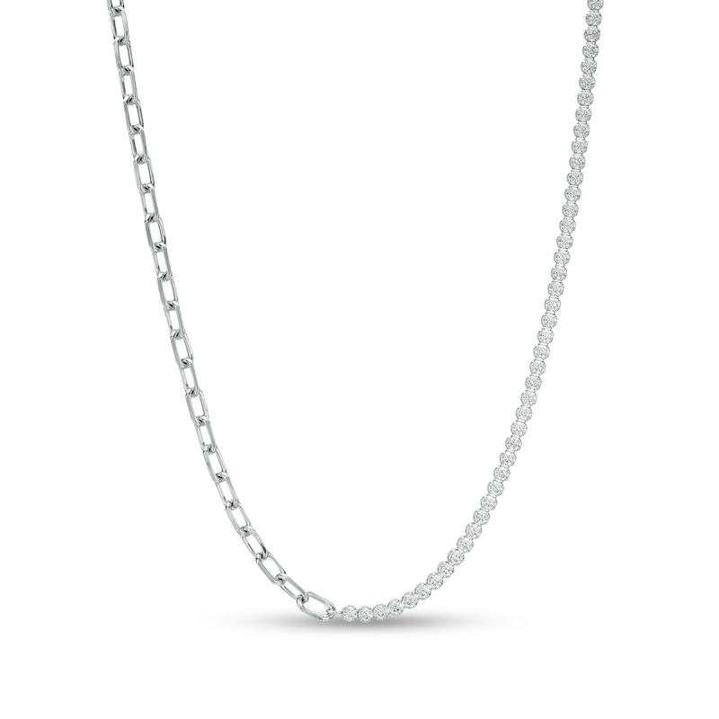 Cubic Zirconia Tennis and 095 Gauge Solid Oval Link Chain Half-and-Half Necklace in Semi-Solid Sterling Silver