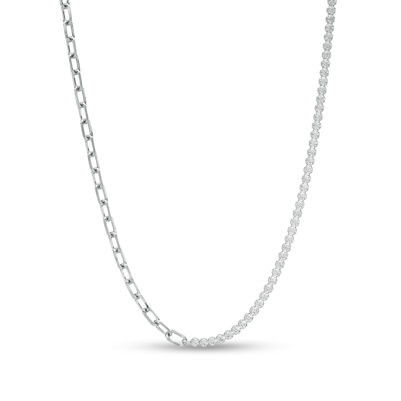 Sterling Silver CZ Tennis and Oval Link Chain Half-and-Half Necklace - 18"