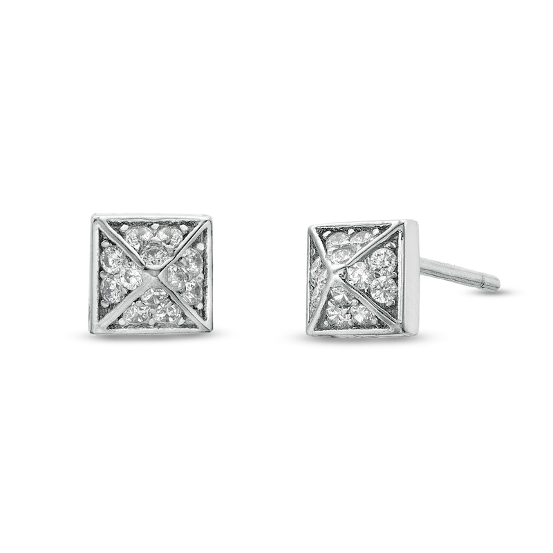 Cubic Zirconia Beaded Three-Dimensional Square Pyramid Stud Earrings in Sterling Silver