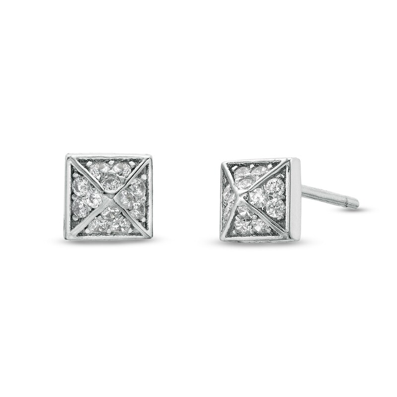 Cubic Zirconia Beaded Three-Dimensional Square Pyramid Stud Earrings in Sterling Silver