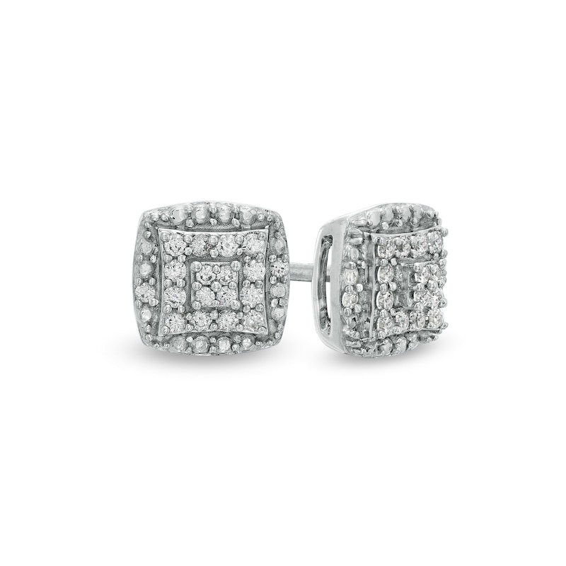 1/8 CT. T.W. Quad Diamond Concave Square and Cushion Double Frame Stud Earrings in Sterling Silver