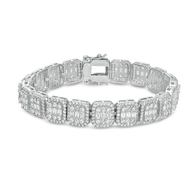 Solid Sterling Silver Multi-Shape CZ Frame Octagonal Composite Link Bracelet - 8.5"