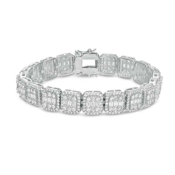 Baguette and Round Cubic Zirconia Cluster Octagonal Frame Bracelet in Solid Sterling Sliver - 8.3"