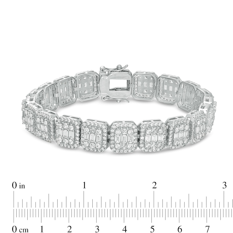 Baguette and Round Cubic Zirconia Cluster Octagonal Frame Bracelet in Solid Sterling Sliver - 8.3"