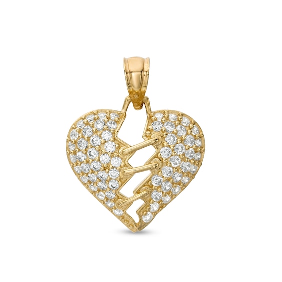 Cubic Zirconia Mended Broken Heart Necklace Charm in 10K Solid Gold