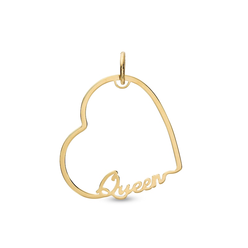 Made in Italy Cursive "Queen" Tilted Heart Outline Necklace Charm in 10K Solid Gold