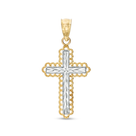Diamond-Cut Filigree Lace Frame Cross Two-Tone Necklace Charm in 10K Solid Gold