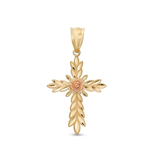 Diamond-Cut Mirrored Leaf with Rose Cross Two-Tone Necklace Charm in 10K Gold