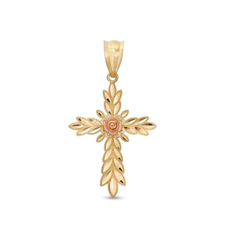 Diamond-Cut Mirrored Leaf with Rose Cross Two-Tone Necklace Charm in 10K Gold