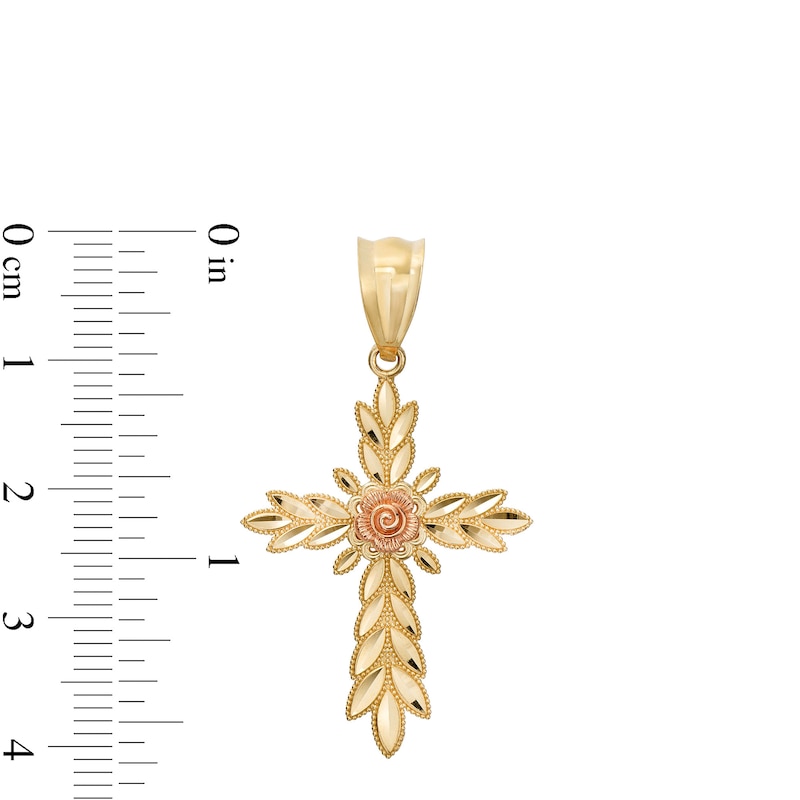 Main Image 2 of Diamond-Cut Mirrored Leaf with Rose Cross Two-Tone Necklace Charm in 10K Gold