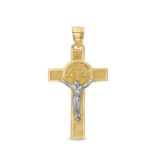 Textured Saint Benedict Crucifix Two-Tone Necklace Charm in 10K Gold
