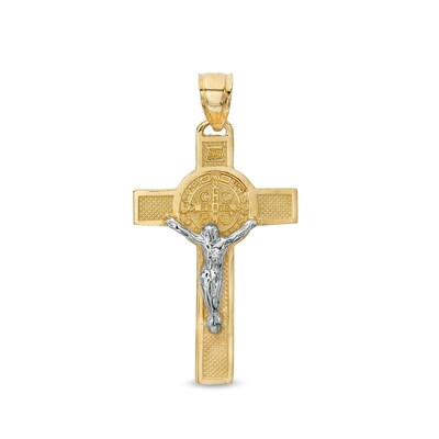 Textured Saint Benedict Crucifix Two-Tone Necklace Charm in 10K Gold