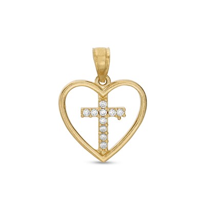 Cubic Zirconia Cross in Heart Outline Necklace Charm in 10K Solid Gold