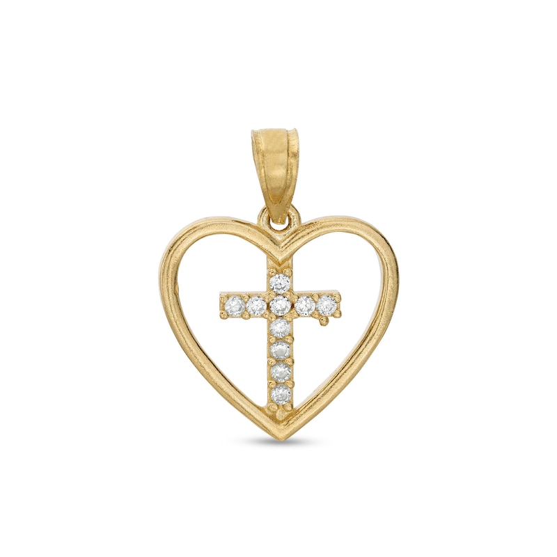 Main Image 1 of Cubic Zirconia Cross in Heart Outline Necklace Charm in 10K Solid Gold