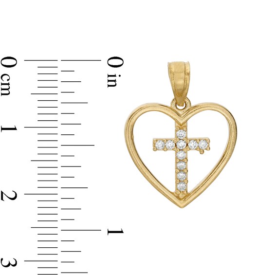 Cubic Zirconia Cross in Heart Outline Necklace Charm in 10K Solid Gold