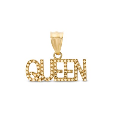 Diamond-Cut Beaded "QUEEN" Necklace Charm in 10K Solid Gold