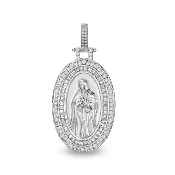Baguette and Round Cubic Zirconia Double Frame Our Lady of Guadalupe Oval Necklace Charm in Sterling Silver