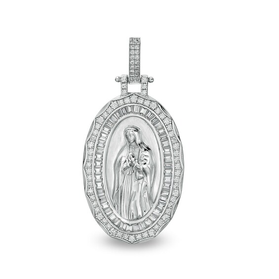 Baguette and Round Cubic Zirconia Double Frame Our Lady of Guadalupe Oval Necklace Charm in Sterling Silver