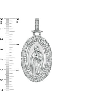 Baguette and Round Cubic Zirconia Double Frame Our Lady of Guadalupe Oval Necklace Charm in Sterling Silver