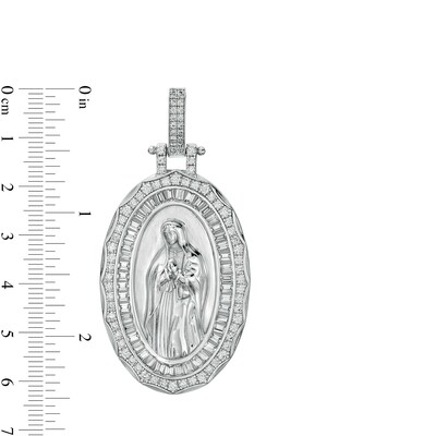 Baguette and Round Cubic Zirconia Double Frame Our Lady of Guadalupe Oval Necklace Charm in Sterling Silver