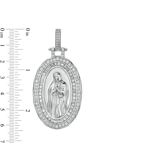Baguette and Round Cubic Zirconia Double Frame Our Lady of Guadalupe Oval Necklace Charm in Sterling Silver