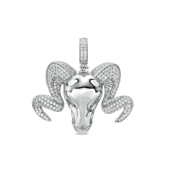 Marquise and Round Cubic Zirconia Ram Head with Horns Necklace Charm in Sterling Silver