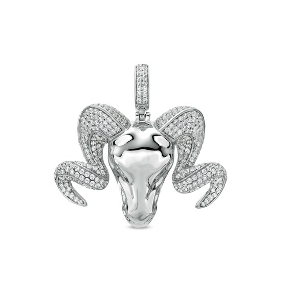 Marquise and Round Cubic Zirconia Ram Head with Horns Necklace Charm in Sterling Silver