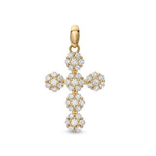 10K Solid Gold CZ Flower Cluster Cross Necklace Charm