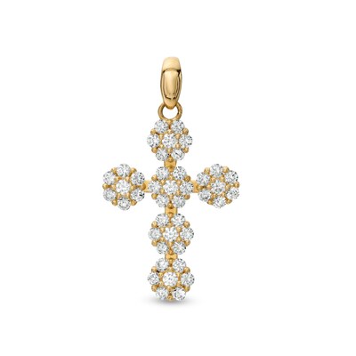 10K Solid Gold CZ Flower Cluster Cross Necklace Charm