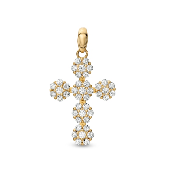 10K Solid Gold CZ Flower Cluster Cross Necklace Charm