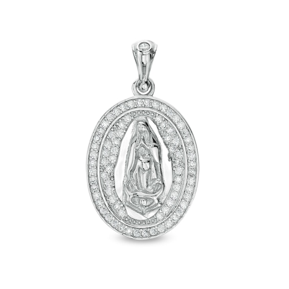 Cubic Zirconia Frame Our Lady of Guadalupe Solid Oval Necklace Charm in Sterling Silver